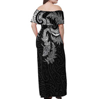 New Zealand Sea Animals with Maori Tribal Tattoo Off Shoulder Maxi Dress Shark Manta Ray with Silver Fern Black