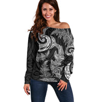 New Zealand Sea Animals with Maori Tribal Tattoo Off Shoulder Sweater Shark Manta Ray with Silver Fern Black