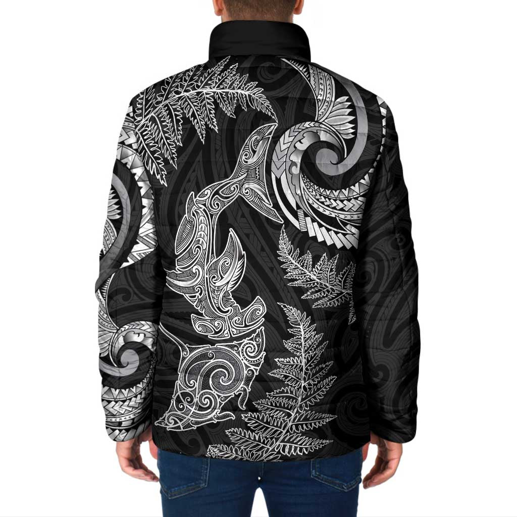 New Zealand Sea Animals with Maori Tribal Tattoo Padded Jacket Shark Manta Ray with Silver Fern Black