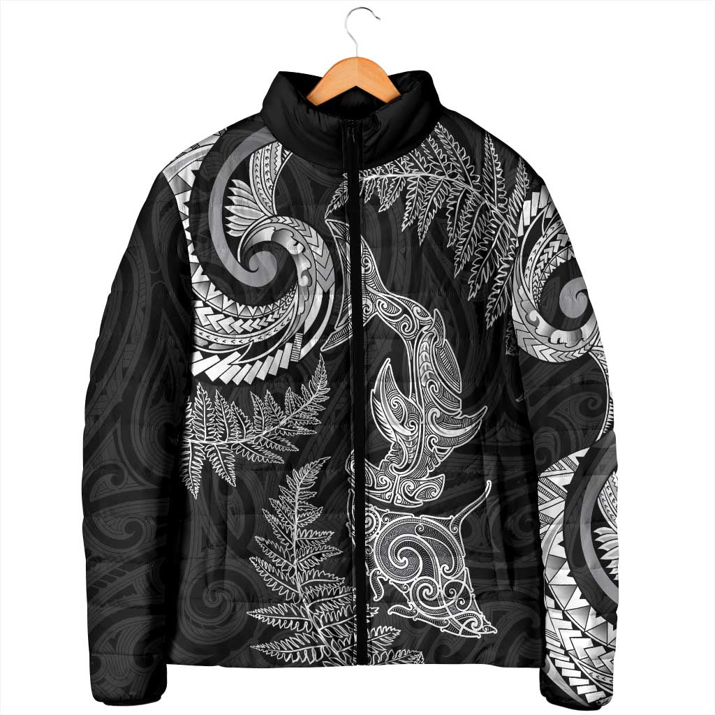 New Zealand Sea Animals with Maori Tribal Tattoo Padded Jacket Shark Manta Ray with Silver Fern Black