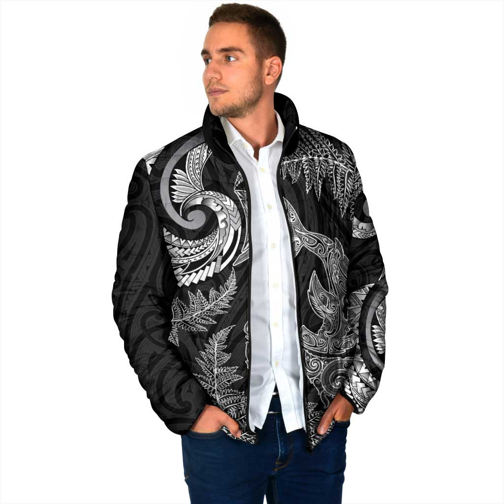 New Zealand Sea Animals with Maori Tribal Tattoo Padded Jacket Shark Manta Ray with Silver Fern Black