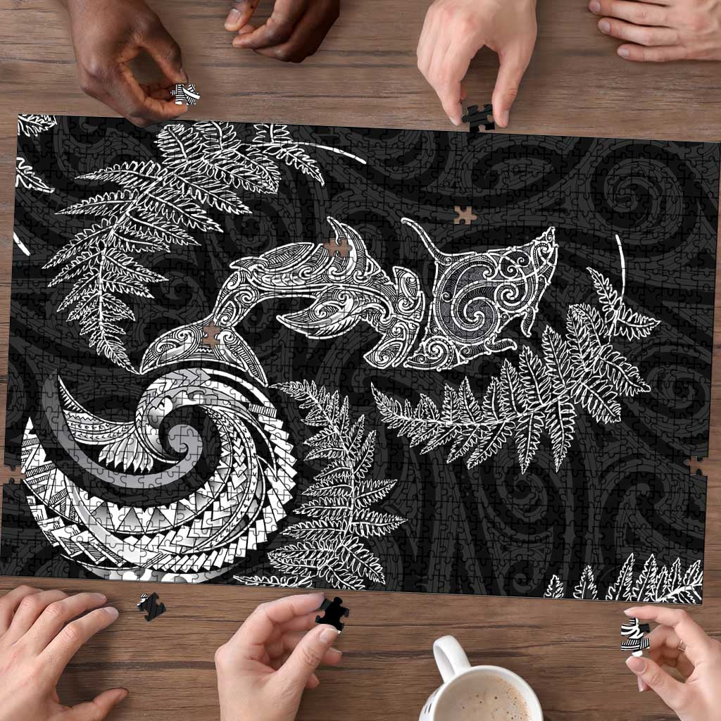 New Zealand Sea Animals with Maori Tribal Tattoo Puzzle Shark Manta Ray with Silver Fern Black