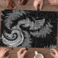 New Zealand Sea Animals with Maori Tribal Tattoo Puzzle Shark Manta Ray with Silver Fern Black