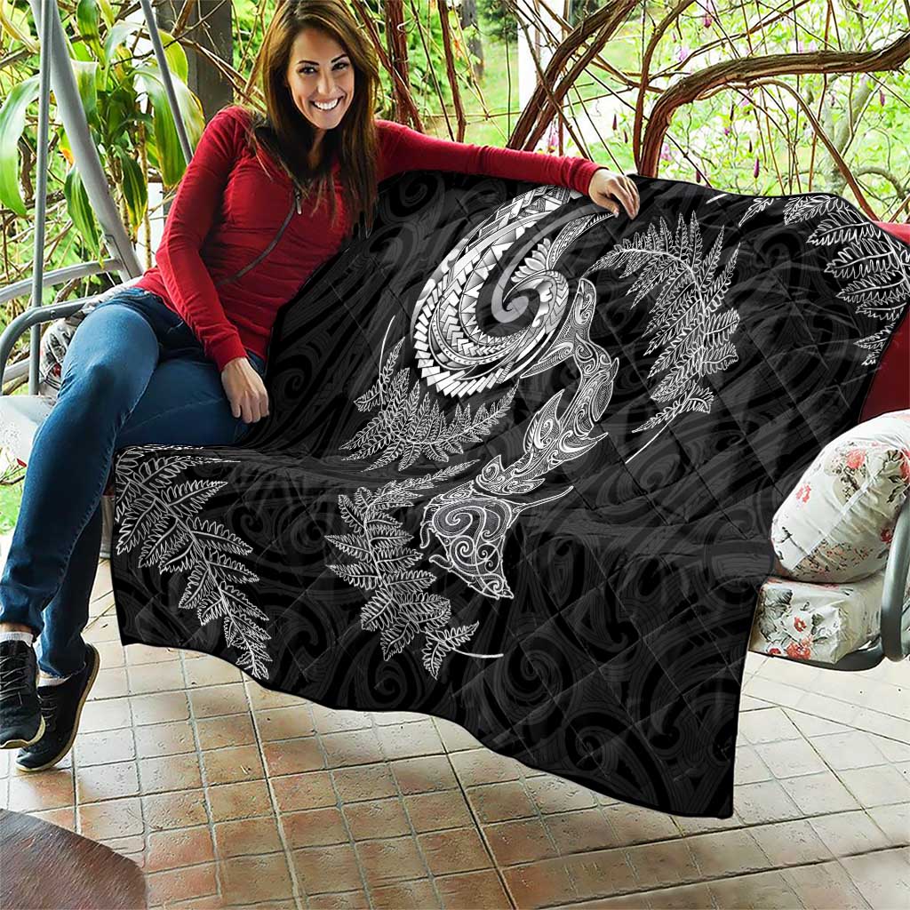 New Zealand Sea Animals with Maori Tribal Tattoo Quilt Shark Manta Ray with Silver Fern Black