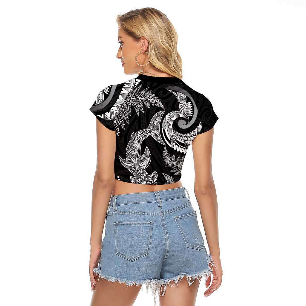 New Zealand Sea Animals with Maori Tribal Tattoo Raglan Cropped T Shirt Shark Manta Ray with Silver Fern Black