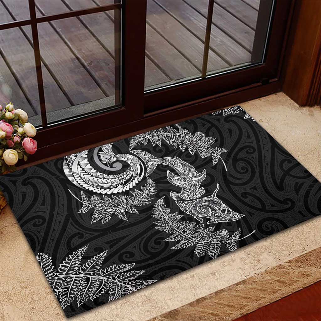 New Zealand Sea Animals with Maori Tribal Tattoo Rubber Doormat Shark Manta Ray with Silver Fern Black