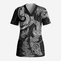 New Zealand Sea Animals with Maori Tribal Tattoo Scrub Top Shark Manta Ray with Silver Fern Black