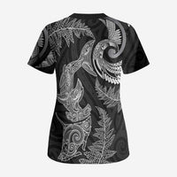 New Zealand Sea Animals with Maori Tribal Tattoo Scrub Top Shark Manta Ray with Silver Fern Black
