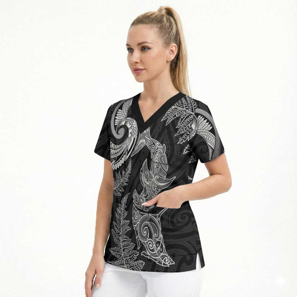 New Zealand Sea Animals with Maori Tribal Tattoo Scrub Top Shark Manta Ray with Silver Fern Black