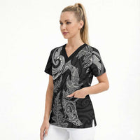 New Zealand Sea Animals with Maori Tribal Tattoo Scrub Top Shark Manta Ray with Silver Fern Black
