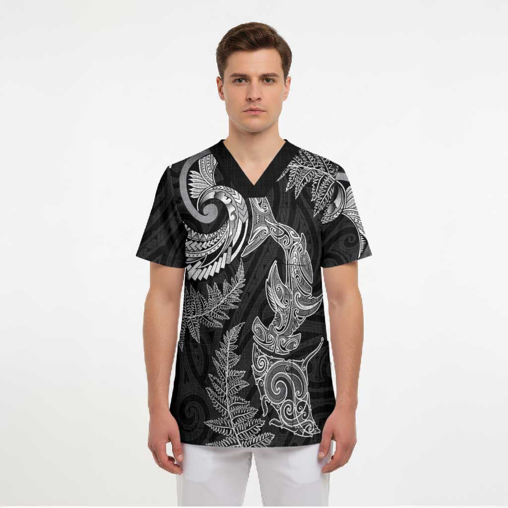 New Zealand Sea Animals with Maori Tribal Tattoo Scrub Top Shark Manta Ray with Silver Fern Black