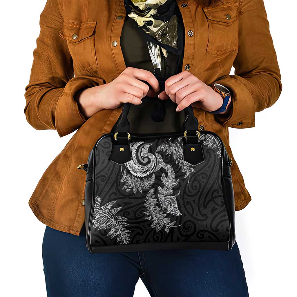 New Zealand Sea Animals with Maori Tribal Tattoo Shoulder Handbag Shark Manta Ray with Silver Fern Black
