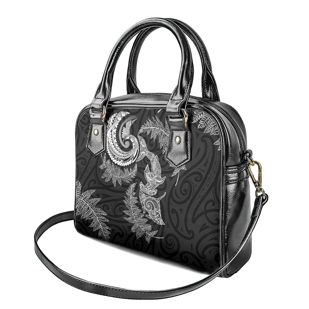 New Zealand Sea Animals with Maori Tribal Tattoo Shoulder Handbag Shark Manta Ray with Silver Fern Black