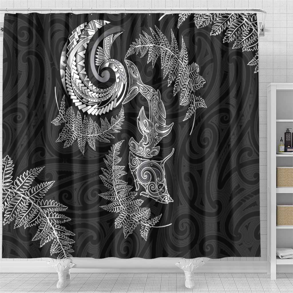 New Zealand Sea Animals with Maori Tribal Tattoo Shower Curtain Shark Manta Ray with Silver Fern Black