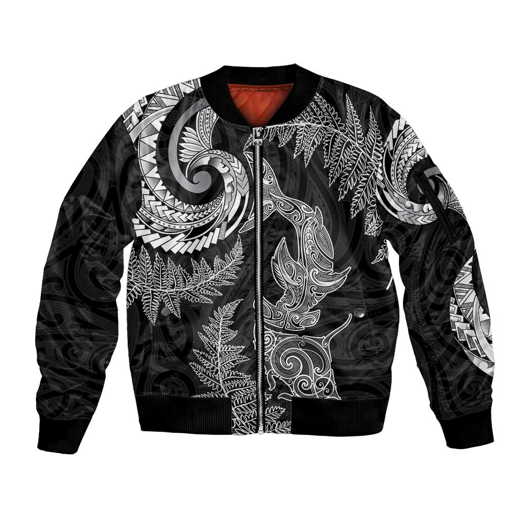 New Zealand Sea Animals with Maori Tribal Tattoo Sleeve Zip Bomber Jacket Shark Manta Ray with Silver Fern Black