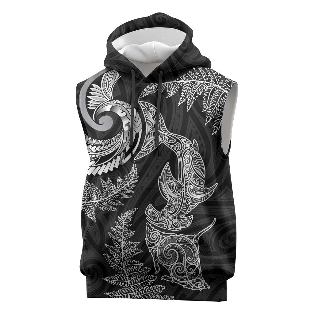 New Zealand Sea Animals with Maori Tribal Tattoo Sleeveless Hoodie Shark Manta Ray with Silver Fern Black