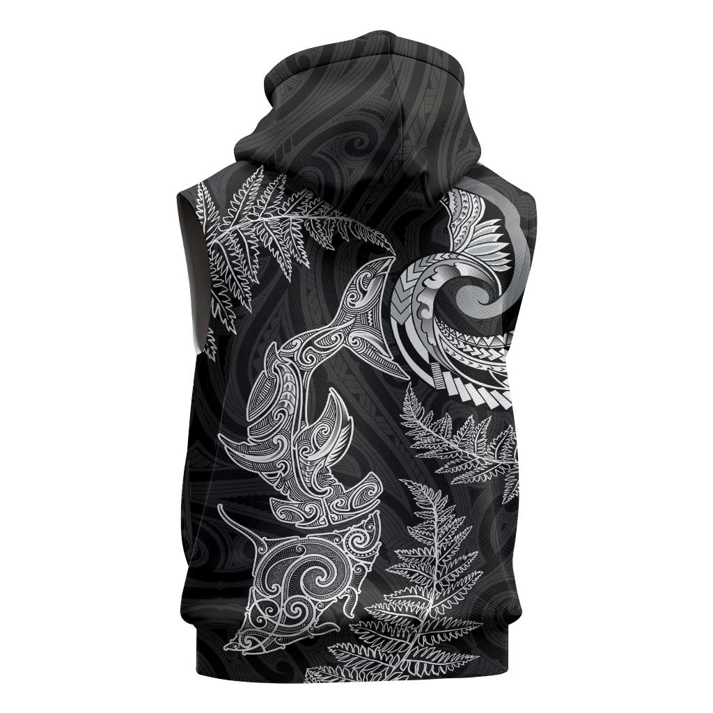 New Zealand Sea Animals with Maori Tribal Tattoo Sleeveless Zip Hoodie Shark Manta Ray with Silver Fern Black