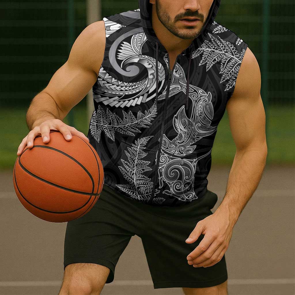 New Zealand Sea Animals with Maori Tribal Tattoo Sleeveless Zip Hoodie Shark Manta Ray with Silver Fern Black