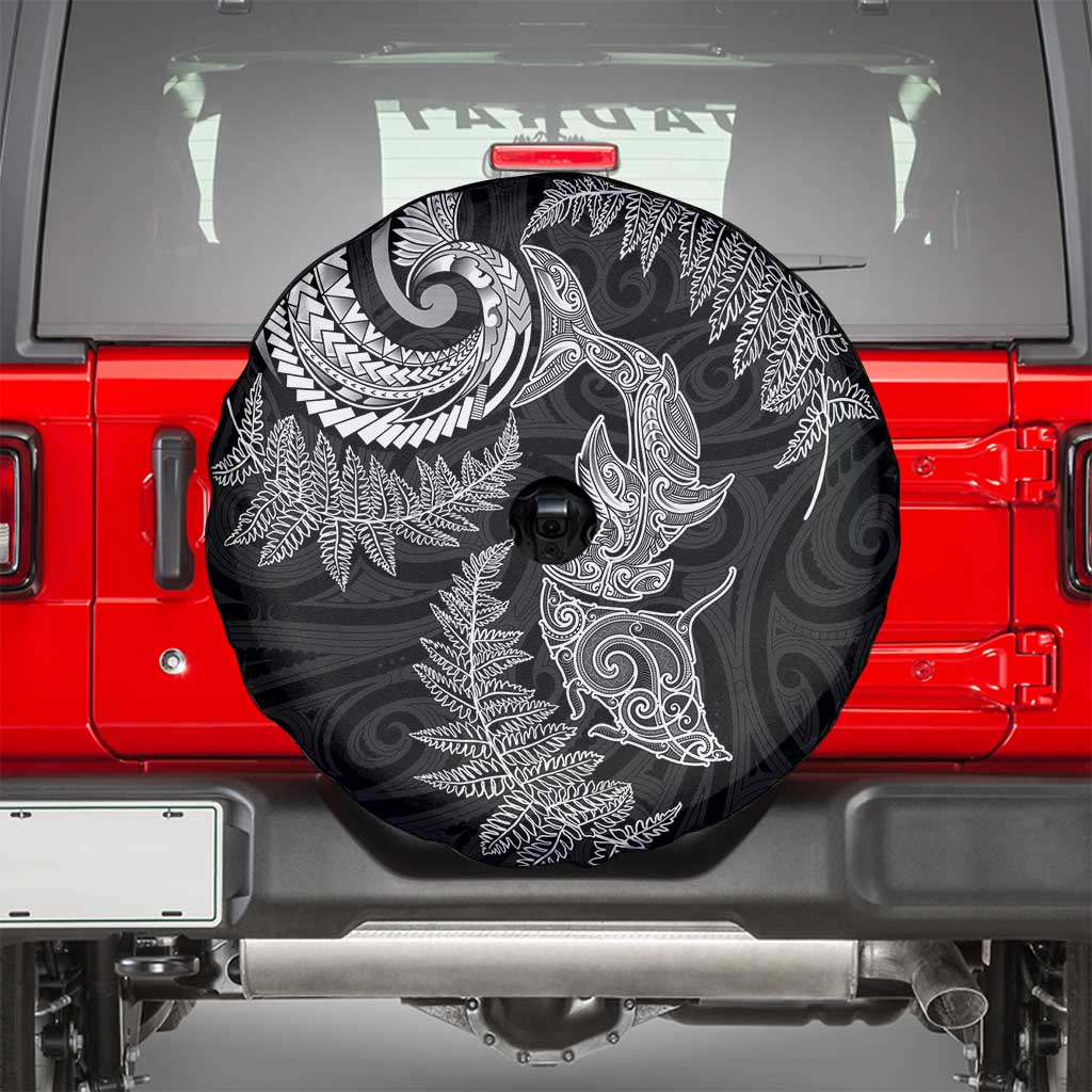 New Zealand Sea Animals with Maori Tribal Tattoo Spare Tire Cover Shark Manta Ray with Silver Fern Black