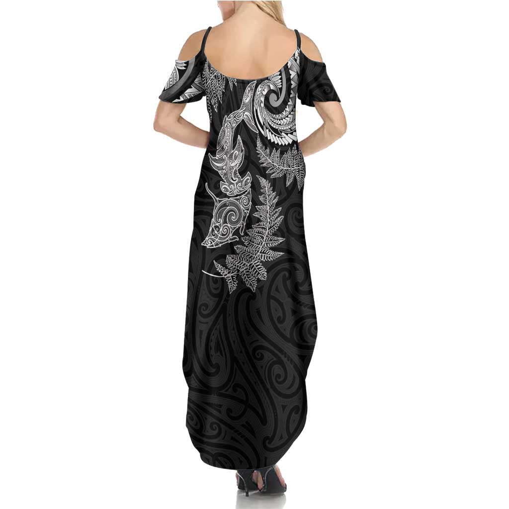 New Zealand Sea Animals with Maori Tribal Tattoo Summer Maxi Dress Shark Manta Ray with Silver Fern Black
