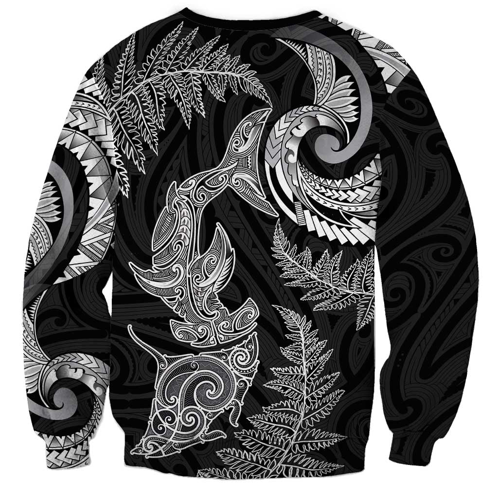 New Zealand Sea Animals with Maori Tribal Tattoo Sweatshirt Shark Manta Ray with Silver Fern Black