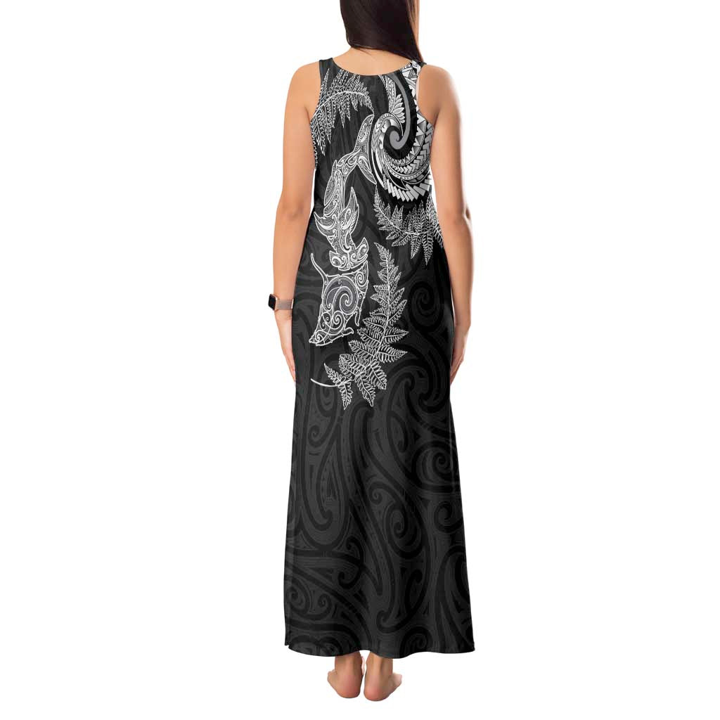 New Zealand Sea Animals with Maori Tribal Tattoo Tank Maxi Dress Shark Manta Ray with Silver Fern Black