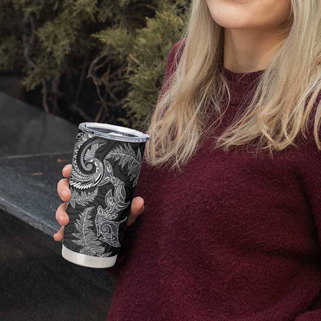 New Zealand Sea Animals with Maori Tribal Tattoo Tumbler Cup Shark Manta Ray with Silver Fern Black