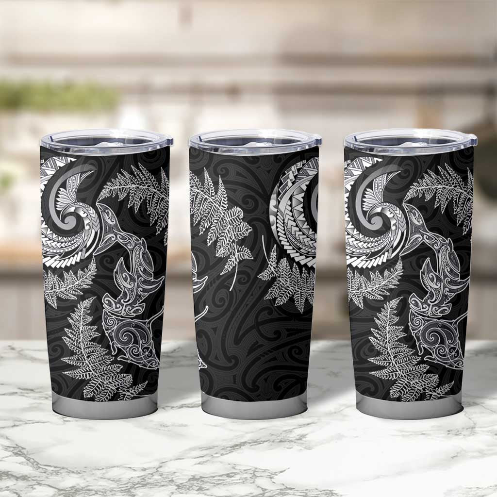 New Zealand Sea Animals with Maori Tribal Tattoo Tumbler Cup Shark Manta Ray with Silver Fern Black