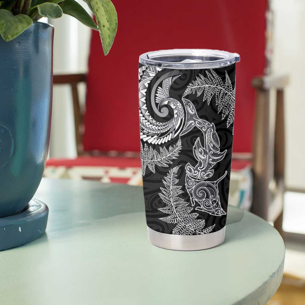 New Zealand Sea Animals with Maori Tribal Tattoo Tumbler Cup Shark Manta Ray with Silver Fern Black