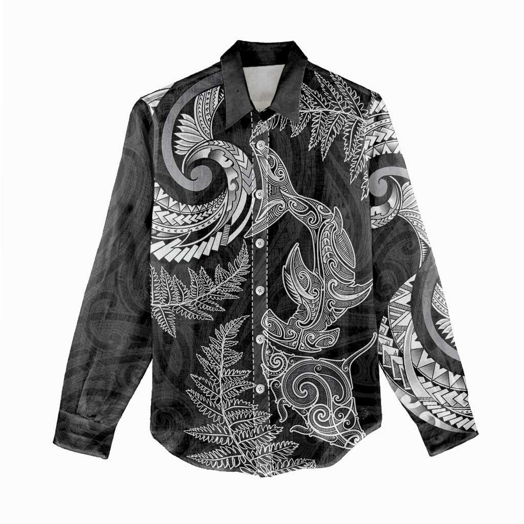 New Zealand Sea Animals with Maori Tribal Tattoo Women Casual Shirt Shark Manta Ray with Silver Fern Black