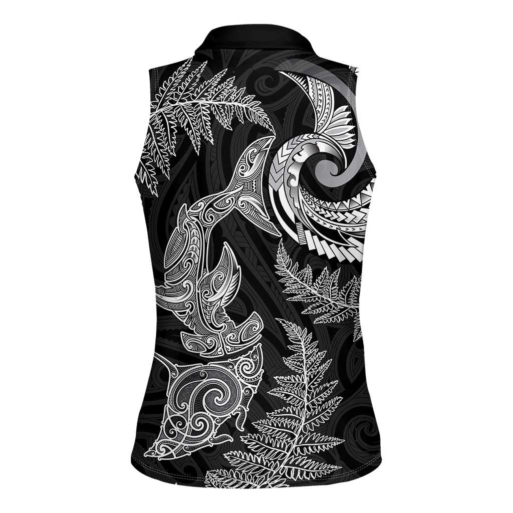New Zealand Sea Animals with Maori Tribal Tattoo Women Sleeveless Polo Shirt Shark Manta Ray with Silver Fern Black