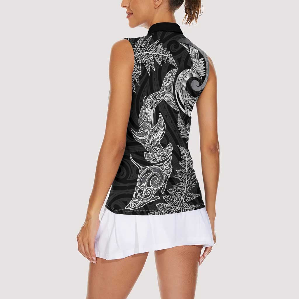 New Zealand Sea Animals with Maori Tribal Tattoo Women Sleeveless Polo Shirt Shark Manta Ray with Silver Fern Black