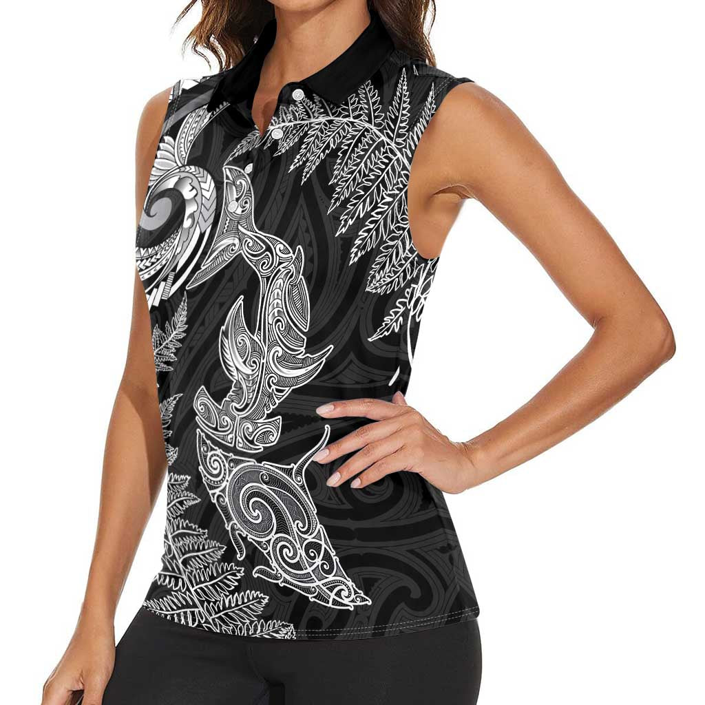 New Zealand Sea Animals with Maori Tribal Tattoo Women Sleeveless Polo Shirt Shark Manta Ray with Silver Fern Black