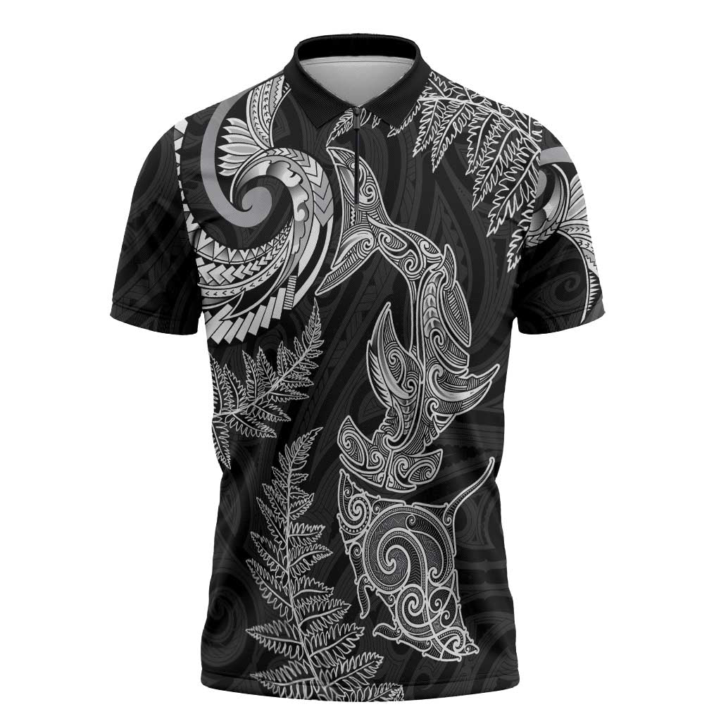 New Zealand Sea Animals with Maori Tribal Tattoo Zipper Polo Shirt Shark Manta Ray with Silver Fern Black LT03 Black - Polynesian Pride