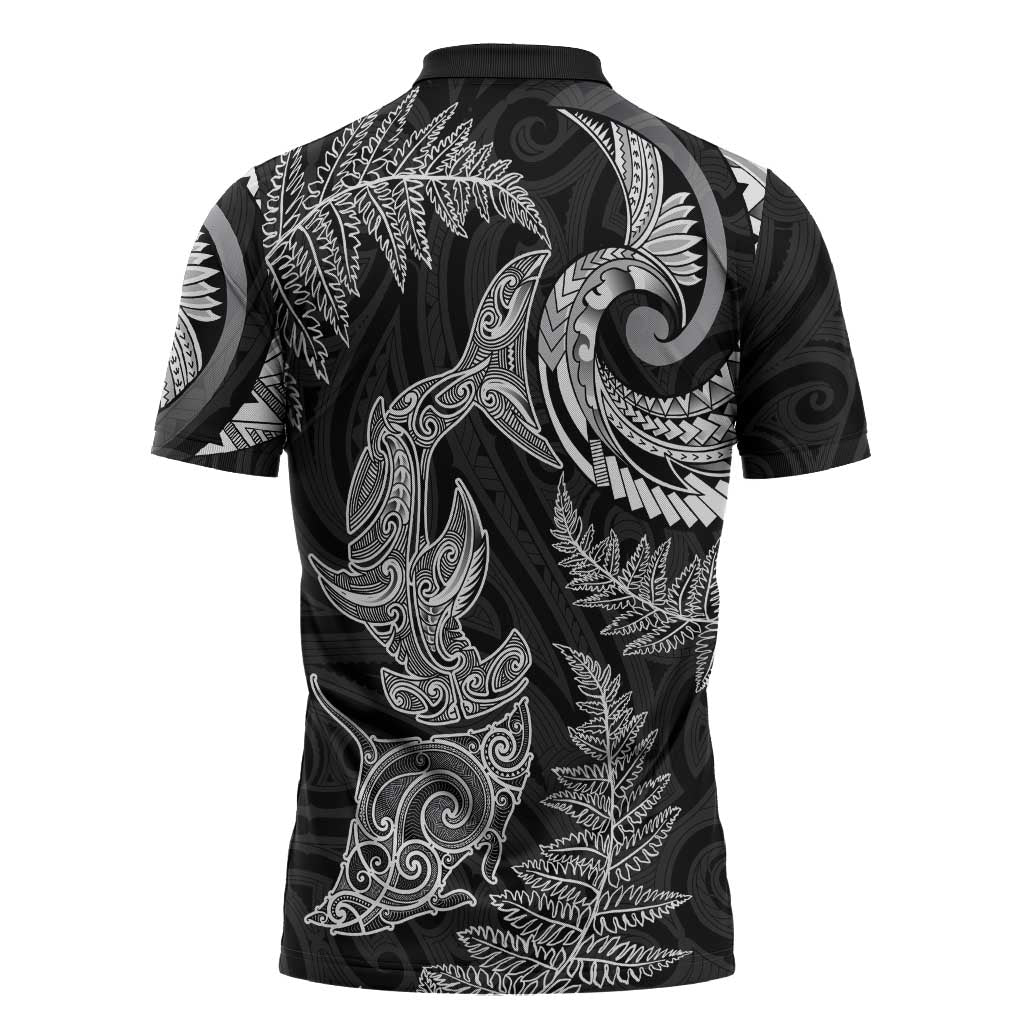 New Zealand Sea Animals with Maori Tribal Tattoo Zipper Polo Shirt Shark Manta Ray with Silver Fern Black