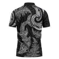 New Zealand Sea Animals with Maori Tribal Tattoo Zipper Polo Shirt Shark Manta Ray with Silver Fern Black