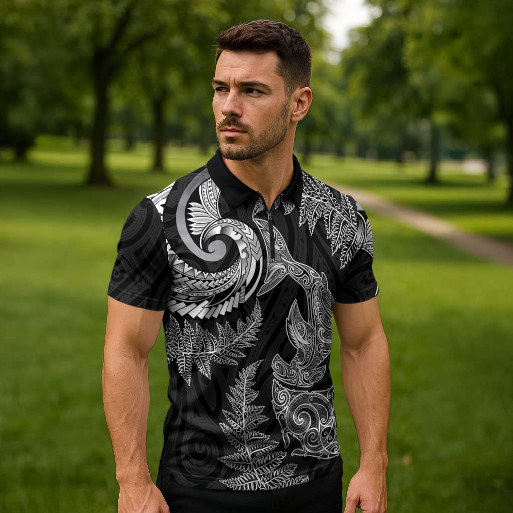 New Zealand Sea Animals with Maori Tribal Tattoo Zipper Polo Shirt Shark Manta Ray with Silver Fern Black