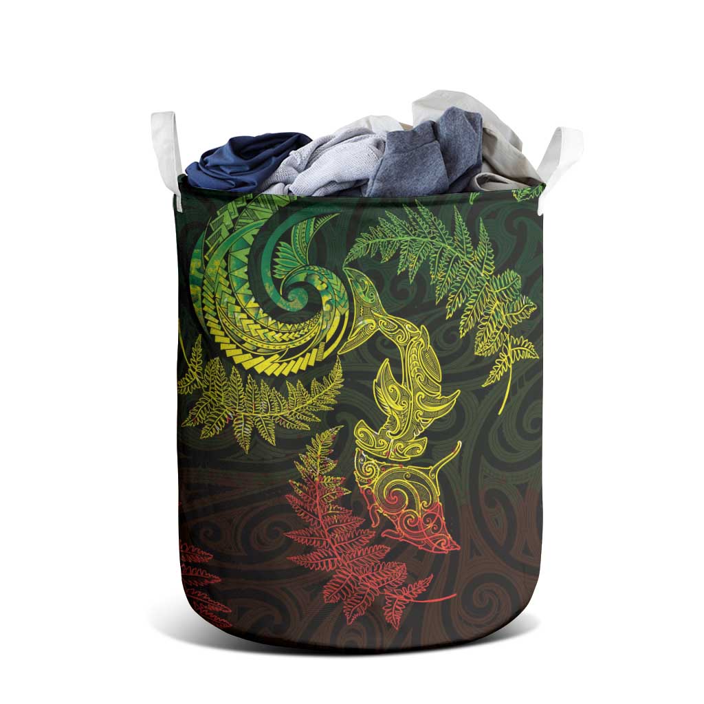 New Zealand Sea Animals with Maori Tribal Tattoo Laundry Basket Shark Manta Ray with Silver Fern Reggae