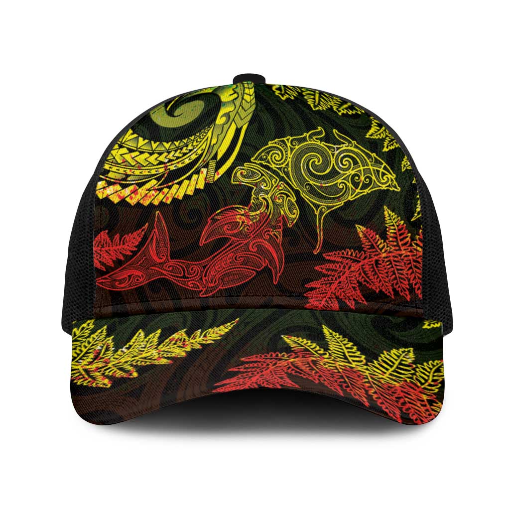 New Zealand Sea Animals with Maori Tribal Tattoo Baseball Net Cap Shark Manta Ray with Silver Fern Reggae