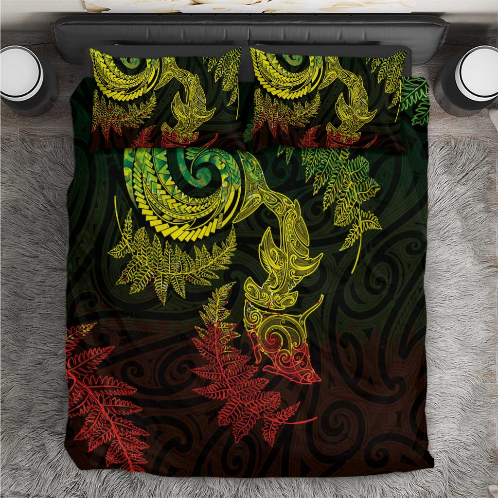 New Zealand Sea Animals with Maori Tribal Tattoo Bedding Set Shark Manta Ray with Silver Fern Reggae