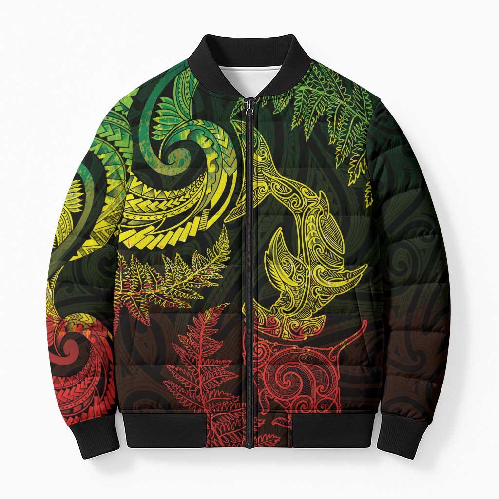 New Zealand Sea Animals with Maori Tribal Tattoo Bomber Puffer Jacket Shark Manta Ray with Silver Fern Reggae