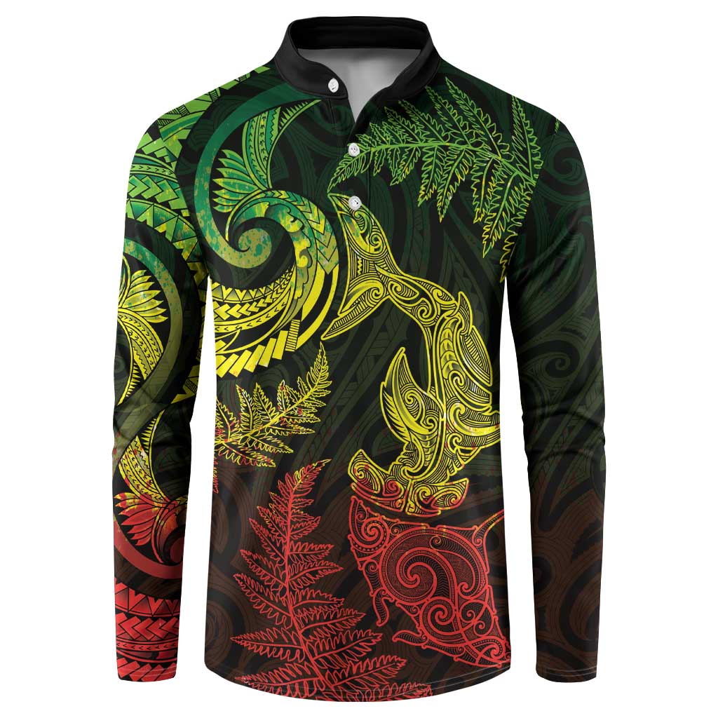 New Zealand Sea Animals with Maori Tribal Tattoo Button Sweatshirt Shark Manta Ray with Silver Fern Reggae