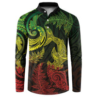 New Zealand Sea Animals with Maori Tribal Tattoo Button Sweatshirt Shark Manta Ray with Silver Fern Reggae