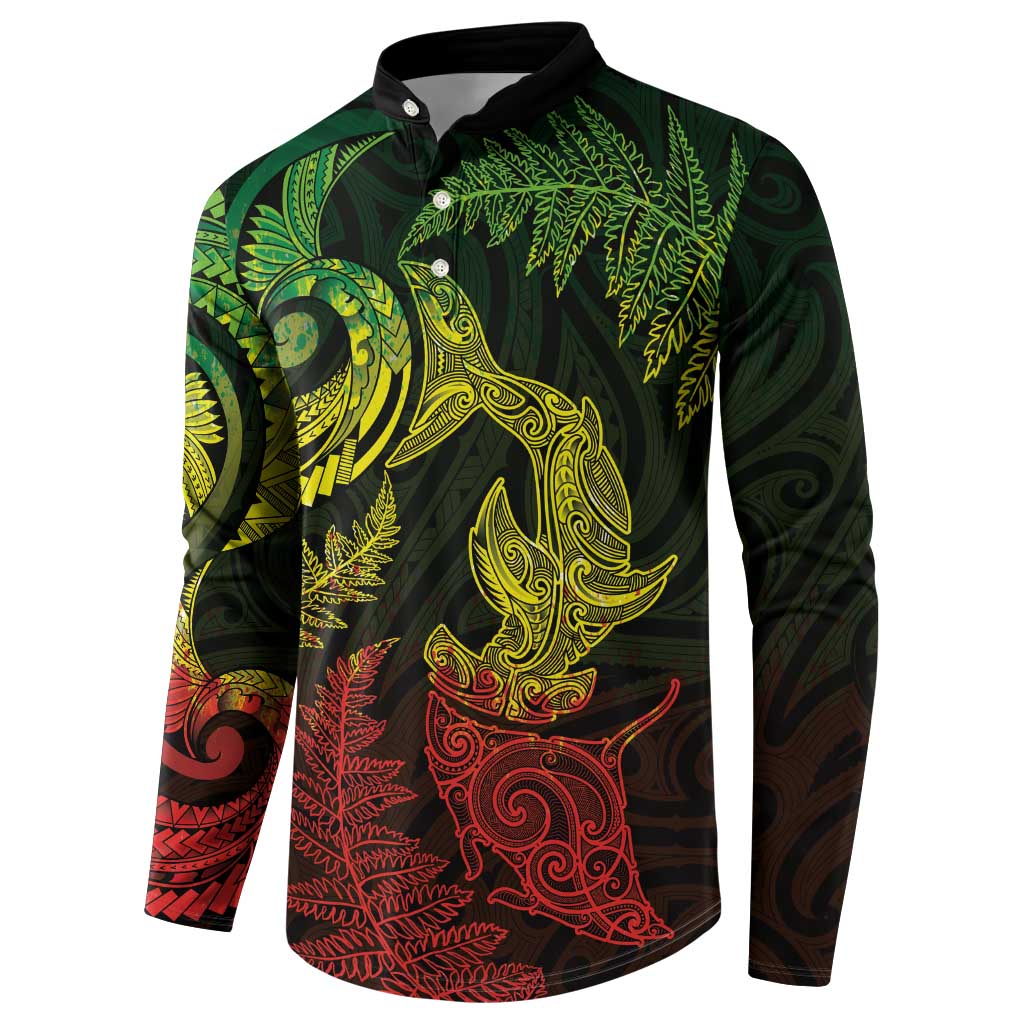 New Zealand Sea Animals with Maori Tribal Tattoo Button Sweatshirt Shark Manta Ray with Silver Fern Reggae