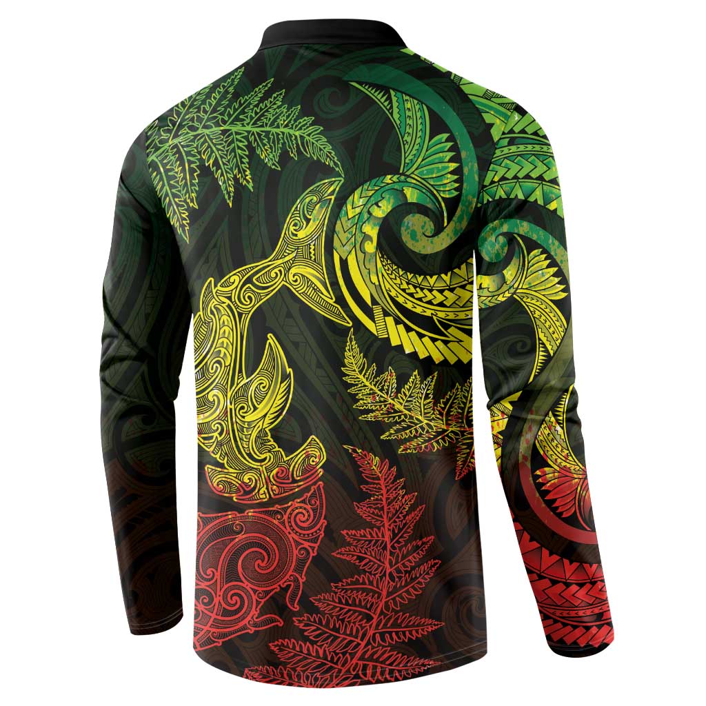 New Zealand Sea Animals with Maori Tribal Tattoo Button Sweatshirt Shark Manta Ray with Silver Fern Reggae