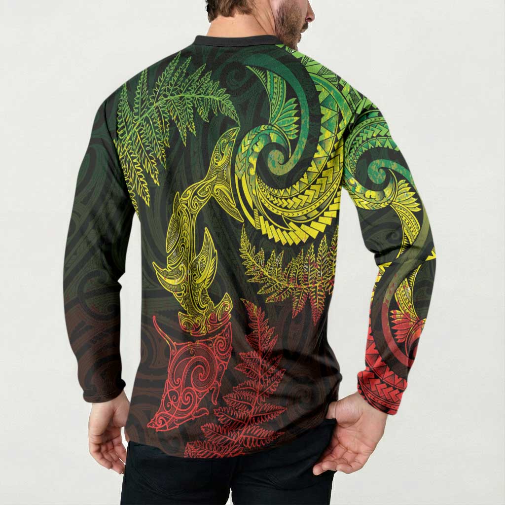 New Zealand Sea Animals with Maori Tribal Tattoo Button Sweatshirt Shark Manta Ray with Silver Fern Reggae
