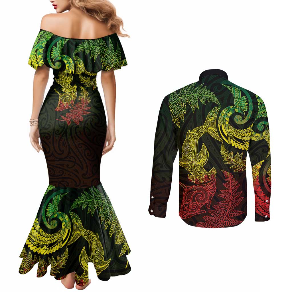 New Zealand Sea Animals with Maori Tribal Tattoo Couples Matching Mermaid Dress and Long Sleeve Button Shirt Shark Manta Ray with Silver Fern Reggae