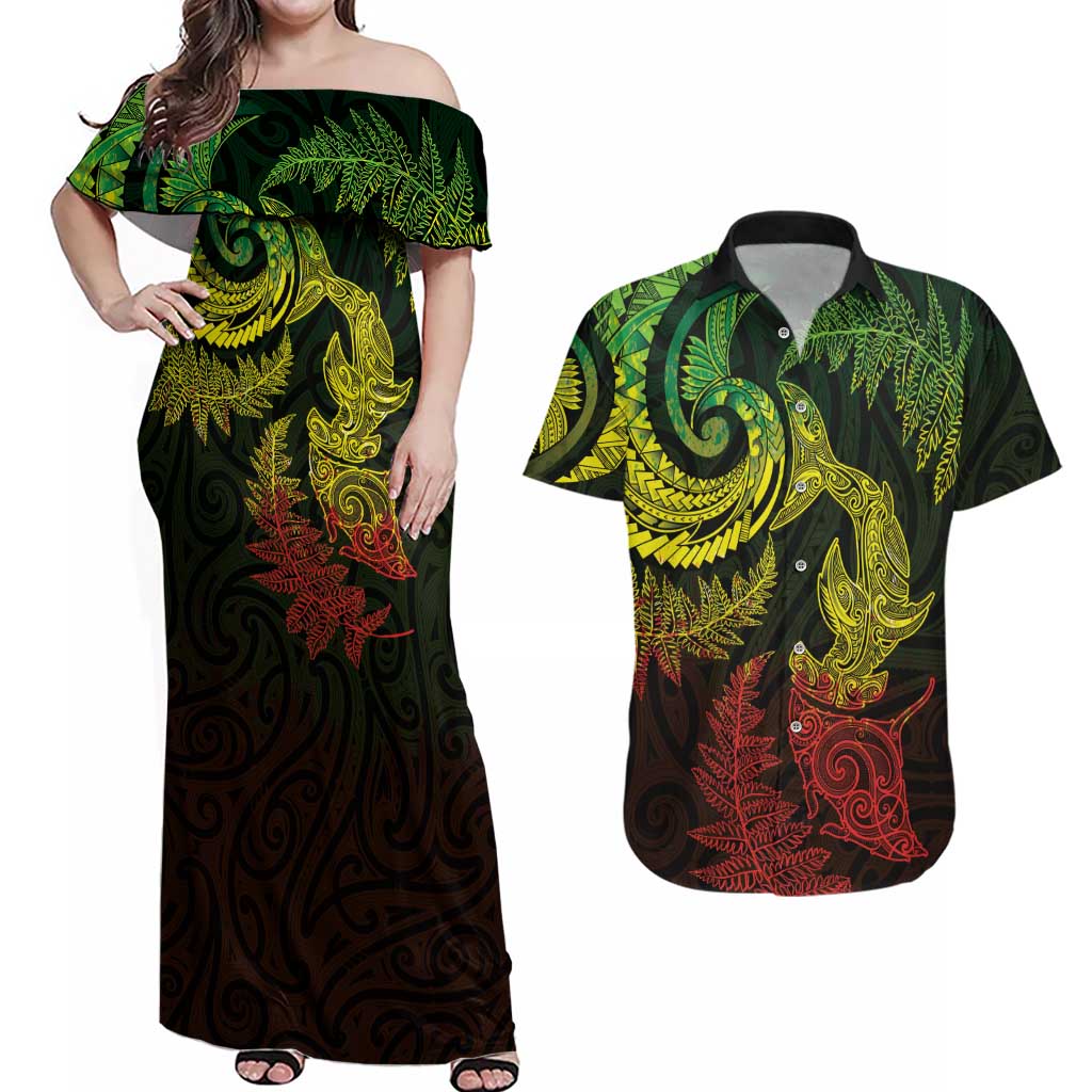 New Zealand Sea Animals with Maori Tribal Tattoo Couples Matching Off Shoulder Maxi Dress and Hawaiian Shirt Shark Manta Ray with Silver Fern Reggae