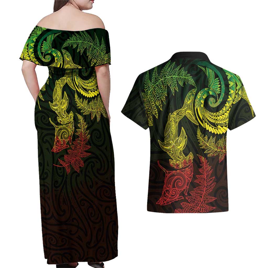 New Zealand Sea Animals with Maori Tribal Tattoo Couples Matching Off Shoulder Maxi Dress and Hawaiian Shirt Shark Manta Ray with Silver Fern Reggae