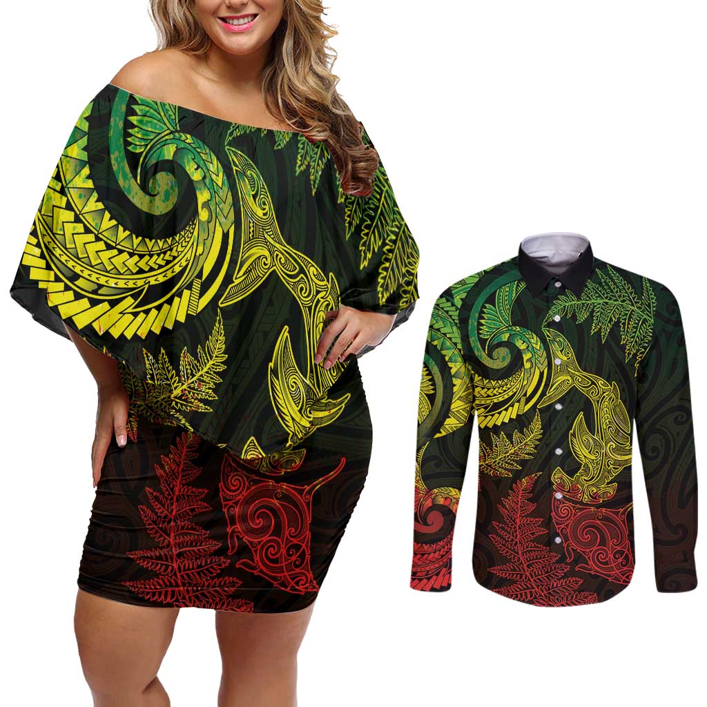 New Zealand Sea Animals with Maori Tribal Tattoo Couples Matching Off Shoulder Short Dress and Long Sleeve Button Shirt Shark Manta Ray with Silver Fern Reggae